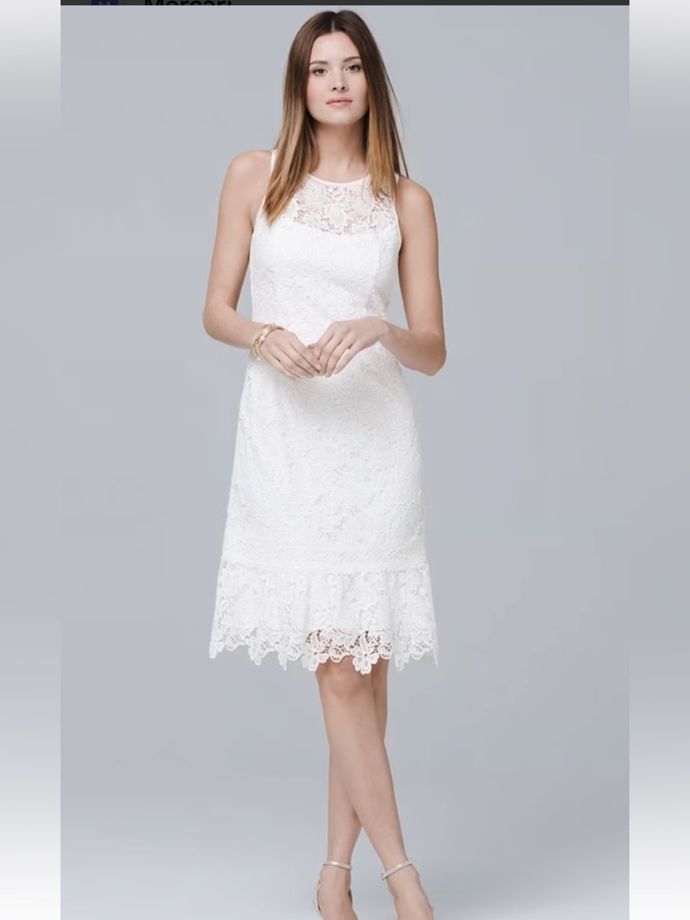 White House Black Market sleeveless white lace flounce shift dress size 6